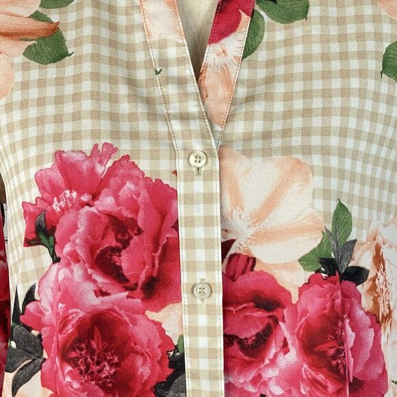 Calvin Klein Small Top Floral Checked Long Roll-Tab Sleeves V-Neck Button-Up - Picture 3 of 12